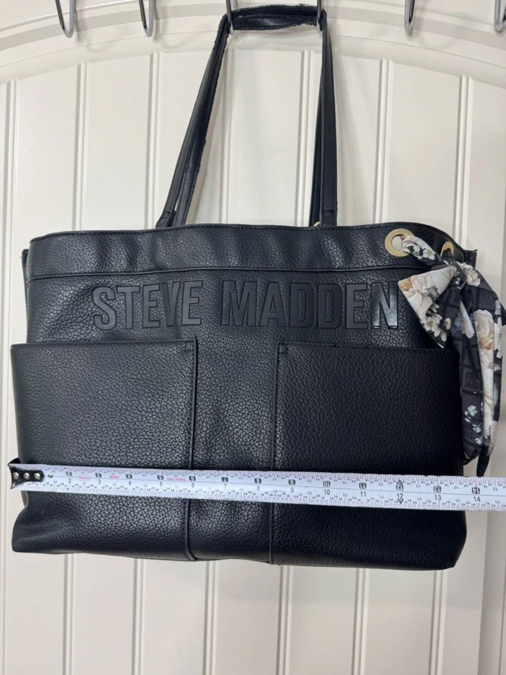 STEVE MADDEN 🪷 Pebbled Black Leather Large Laptop Tote, Floral Scarf Accent